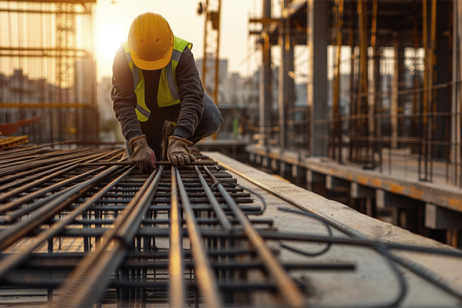 Construction worker in safety gear arranging steel bars on building site at sunset